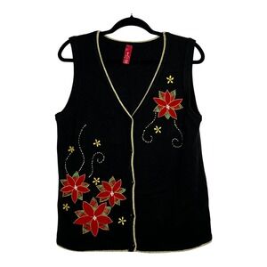 Holiday Poinsettia Knit Vest Black Gold Metallic Trim Button Front Womens Medium